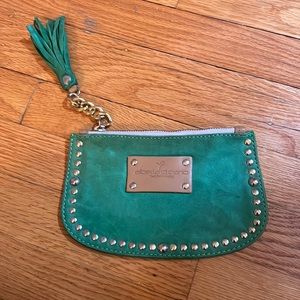Gently used green leather clutch from Italy